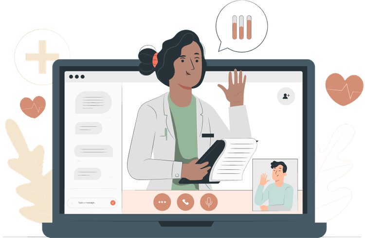 A laptop with chat messages and a video call with a doctor